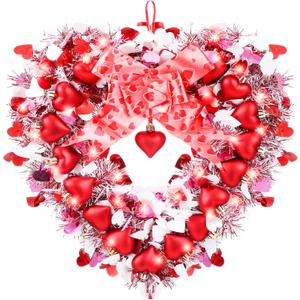 Valentines Day Wreath for Front Door Heart Shaped Wreath with Light String and Bowknot Valentines Day Tinsel Garland Decoration for Door Wall Window Party Decor (Classic Colors)