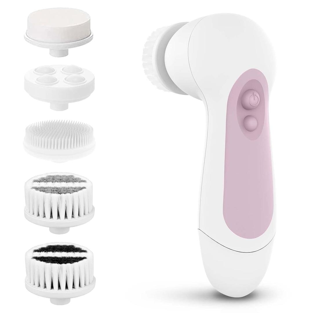 Waterproof Facial Cleansing Spin Brush Set with 5 Exfoliating Brush Heads - Electric Face Scrubber Cleanser Brush by CLSEVXY - Face Brush for Gentle Exfoliation and Deep Scrubbing (Blush)