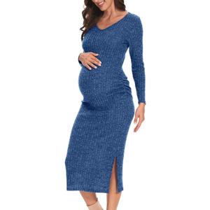 LAHILO Long Sleeve Maternity Sweater Dress for Fall Winter Baby Shower & Photoshoot - Women's Pregnancy Maternity Dresses (Large, Blue)