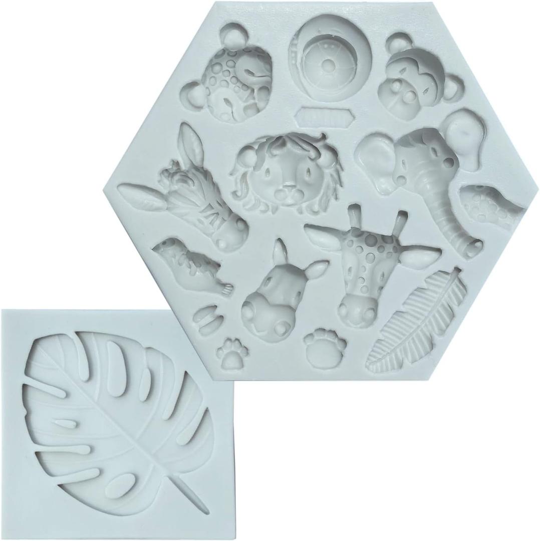 Jungle Safari Animal Cake Mold and Tropical Leaf Fondant Silicone Mold Cupcake Decoration Palm Leaves and Cake Decoration 2 Pcs Tropical Theme Baking Molds for Birthday Baby Shower Party