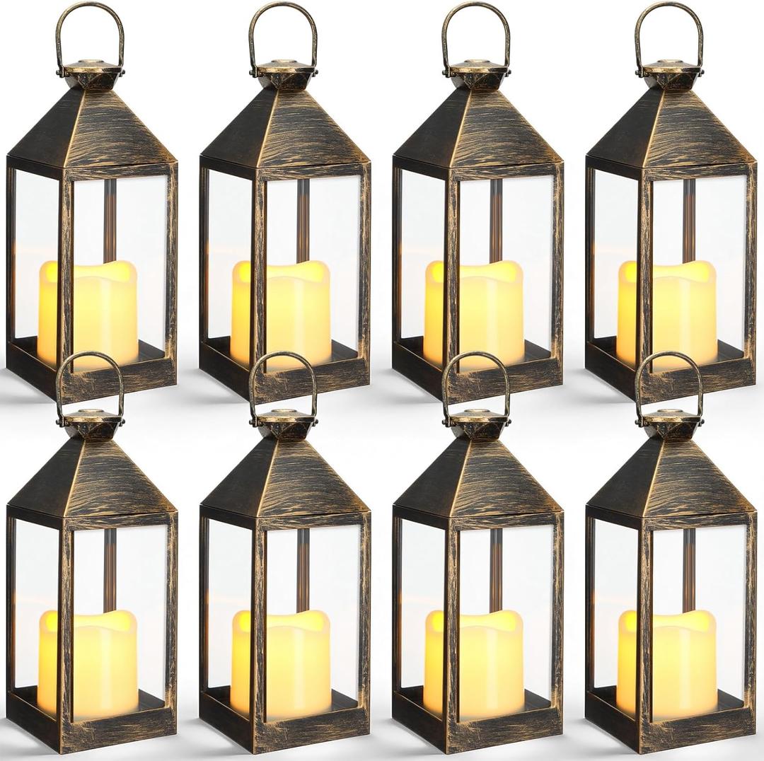 8 Pcs 10.6 Inch Decorative Candle Lanterns Bulk for Centerpieces Wedding Indoor Outdoor with LED Flameless Flickering Candle Hanging Farmhouse Lanterns Battery Powered for Party(Bronze)