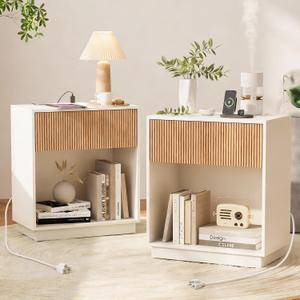 End Table with Charging Station, Fluted Nightstands Set of 2,Modern Bedside Table with Drawer and Storage Shelf, Wood End Table Mid Century Night Stands for Bedroom Living Room(White+Oak), 19 inches x 12 inches x 24 inches