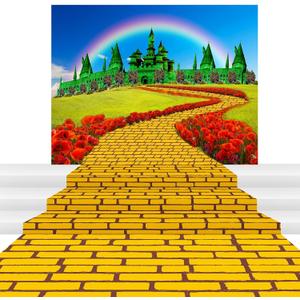 Outus 2 Pcs Large Runner Brick Road Runner and Emerald Castle Backdrop Halloween Party Decorations Brick Road Backdrop Floral Rainbow Photography Background Princess Decorations Party Supplies