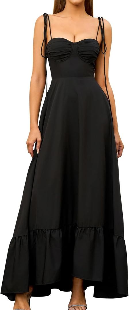 GLNEGE Women's Summer Spaghetti Strap Maxi Wedding Guest Dress Smocked Ruffle Tea Party Dresses Flowy A Line Sundress S