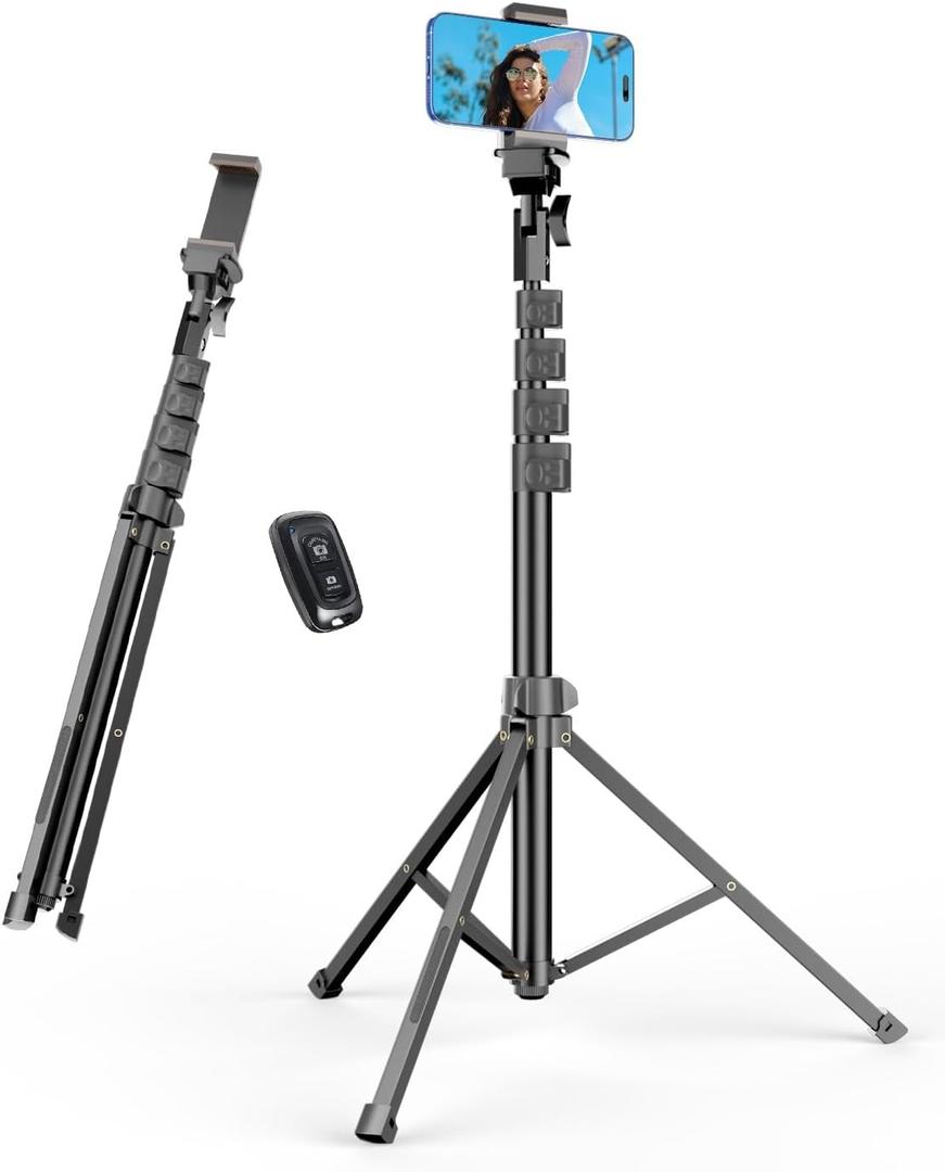 EMART 62 Cell Phone Tripod Stand, Adjustable Floor Cellphone Tri Pod Holder with Remote for iPhone and Android, Portable Compact Smartphone Selfie Stick for Video Recording Camera Ring Light Filming (Black)