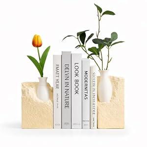 Ceramic Vase Bookends for Shelves, Modern Decorative Bookends with Flower Vase, Aesthetic Bookshelf Decor Book Ends with 2 Artificial Tulip Flowers