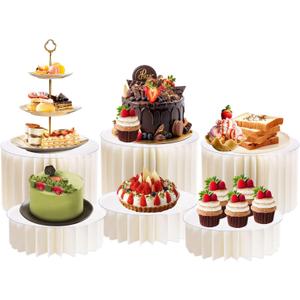 6 Pcs Buffet Risers, Foldable Food Display Risers, Acrylic Disc Dessert Table Display Set, Paper Cupcake Cake Stand for Party, Cylinder Stands for collectibles, Jewelry Figures (White)