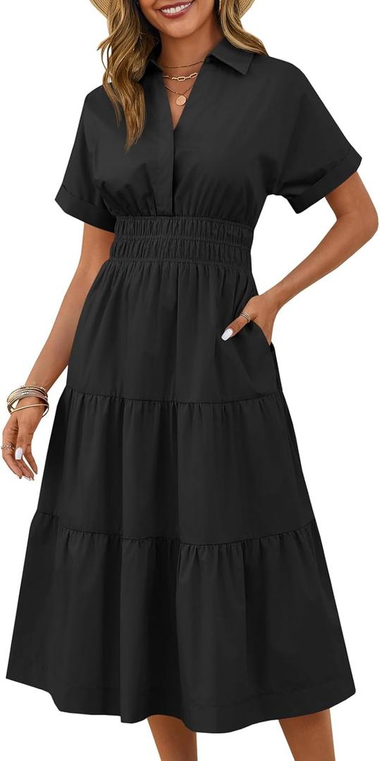 Wenrine Womens Summer Short Sleeve Maxi Dresses Casual V Neck Smocked Loose Tiered Flowy Shirt Dress with Pockets (Black, XL)