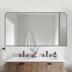 Bathroom Mirror, Wall Mirrors, Black Metal Framed Wall-Mounted Mirrors, Bathroom Vanity Mirror for Over Sink, Living Room, Bedroom, Entryway, 55x30 Inch, Black