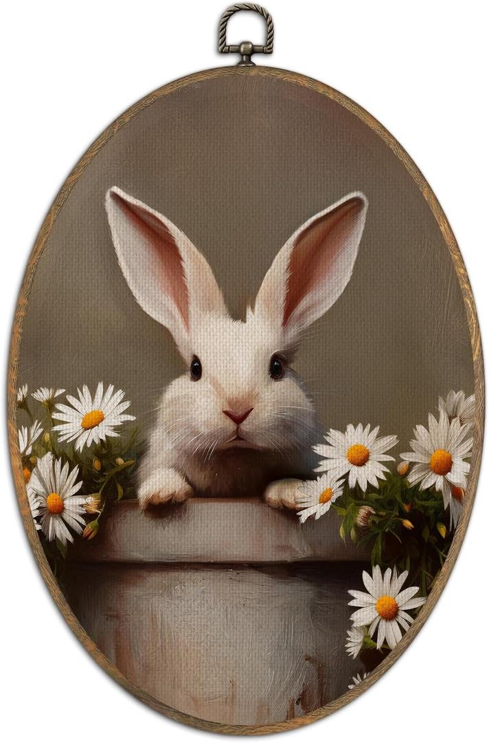 SHQIEUDH Vintage Bunny Oval Wall Art 8.6x11.4, Cottagecore Farmhouse Bunny floral Framed Canvas Prints Artwork, Rustic Rabbit Oval Wall Hanging Decor for Living Room Home Bedroom Kitchen