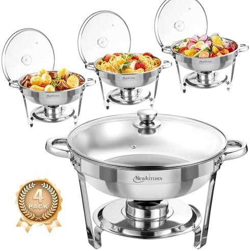NEWKITCHEN Chafing Dishes for Buffet 4 Pack, 5 QT Round Chafing Dishes for Buffet [Transparent Glass Cover] Stainless Steel Chafing Dish Buffet Set for Any Party