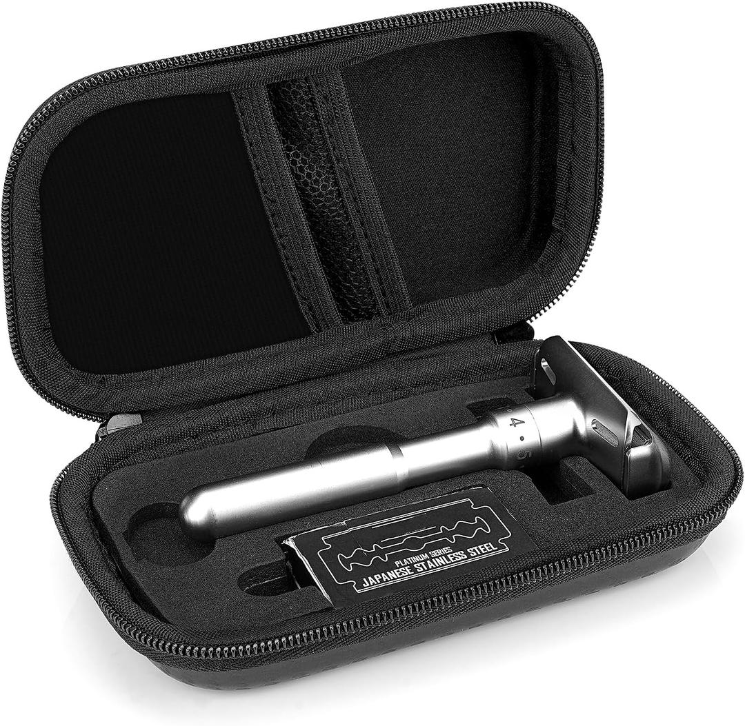 Linkidea Hard Shell Travel Case with Shaving Kit Storage for Short/Long Handled Razor Blades and Attachments - Compatible with Double Edge Safety Razors