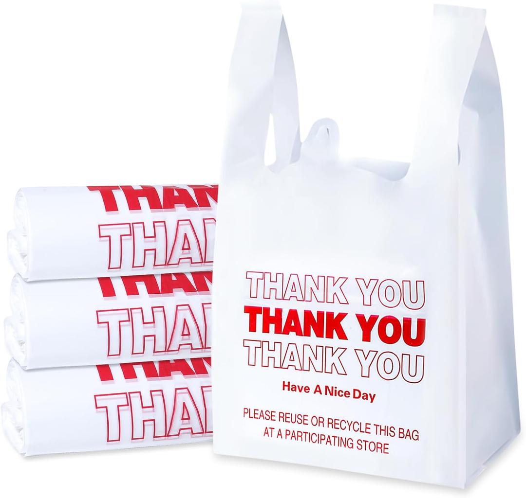 SheerDelight Plastic Bags, 300 Count Thank You Bags, Plastic Bags With Handles For Shopping, Grocery, Plastic Bag For Small Business (11"x 6"x 21"), Recyclable T Shirt Bags, White Plastic Bag