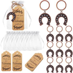 20 Set Lucky Horseshoe Keychain Party Favor Bulk Western Cowboy Keyring Charm Accessories Kraft Tag Organza Bag for Guest Baptism Bridal Baby Shower Valentine Wedding Gift(Large,Retro)