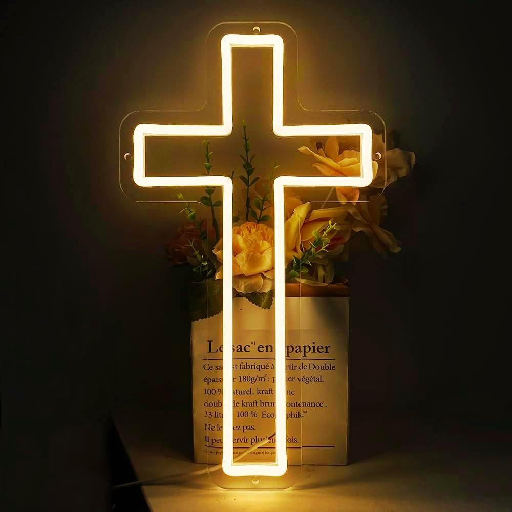Cross Neon Sign, Jesus Cross Led Neon Light for Wall Decor Home Bedroom USB Powered Light-Upside Down Cross Lights for Easter Christmas Wedding Decor (Warm White)