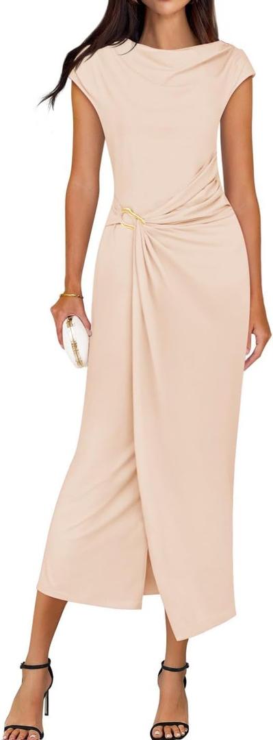 ZESICA Women's 2026 Summer Cap Sleeve Casual Bodycon Dress Elegant Wedding Guest Cocktail Party Long Midi Dresses (Large, Apricot)
