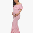 Glampunch Womens Off Shoulder Maternity Dress Ruffles Elegant Slim Gowns Fit Maxi Photography Dress L