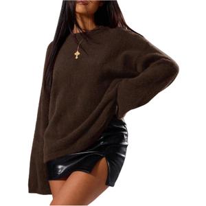 Women's Oversized Sweaters Crew Neck Long Sleeve Jumper Fuzzy Knit Pullover Tops (Chocolate Brown)