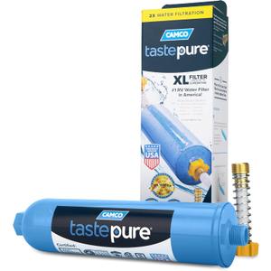 Camco Tastepure XL RV - Reliable RV Inline with Flexible Hose Protector - GAC & KDF - Made in USA - Camping Essentials for Fresh Drinking Water (40019)