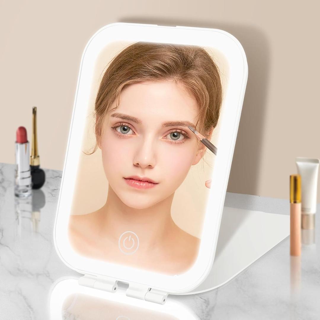 Travel Makeup Mirror with Light, Rechargeable Portable Mirror with Dimmable Touchscreen, Folding Mirror for Travel, Office, Home, 3 Colors of LED Lights, Gift for Girls (White)