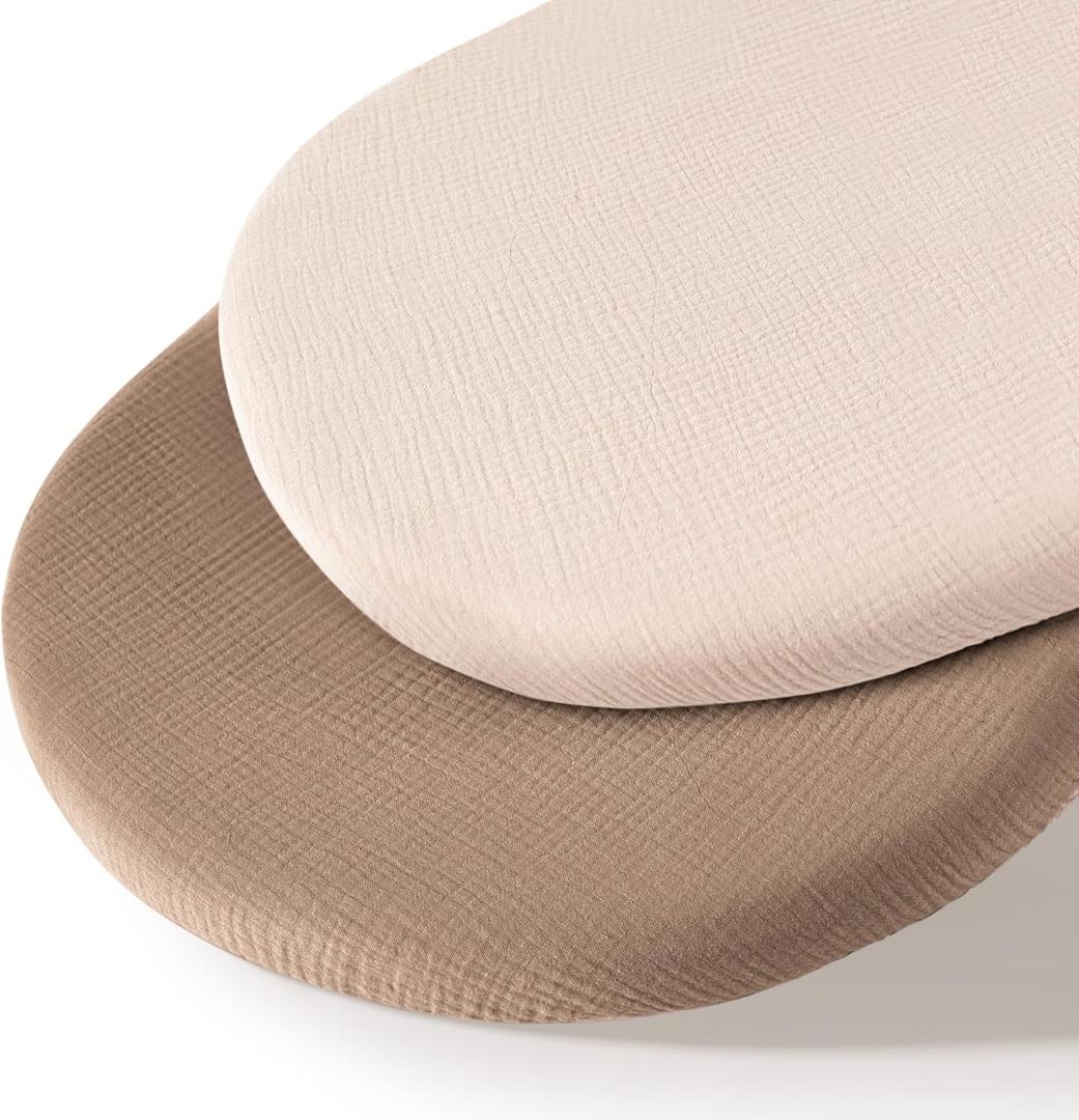 Muslin Bassinet Sheets for Babies  Soft & Breathable 100% Cotton Fitted Sheets for Oval, Rectangle, Hourglass Bassinet Mattress Pads, 2-Pack (Ivory & Pink) (Khaki)