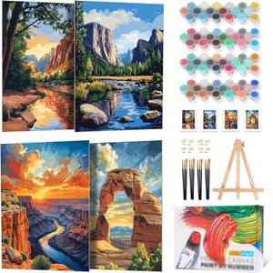 4 Pack Framed Paint by Numbers Kit for Adults Beginner with Wooden Easel, National Park Paint by Number Kits with Frame, DIY Acrylic Landscape Painting by Numbers for Home Wall Decor Gift 8x12 inch (YOP301)