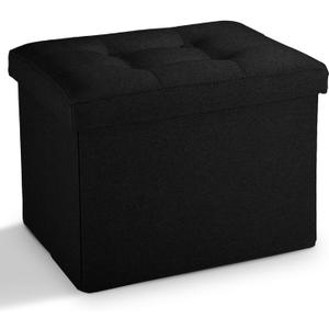 LINMAGCO Small Storage Ottoman Stool Foot Rest Stool Under Desk Stool Short Folding Ottoman Linen Cloth Black 17X13X13IN