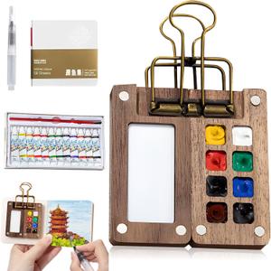 Mini Watercolor Travel Set, Mini Watercolor Paint Set, Pocket Watercolor Sets with Paint, Brush, Sketchbook & Copper Clip, Travel Water color Kit for Beginners, Artists & Painting (8 Grids)