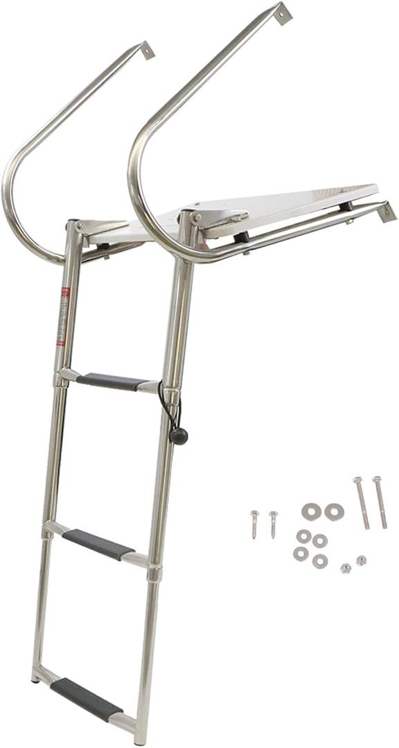 WFLNHB Stainless Steel 3 Step in-Board Outboard Transom Platform Dock Ladder with Handrails Marine Telescoping Boat Ladder Collapsible Step Ladder Replacement for Swimming Pool Pontoon Dock