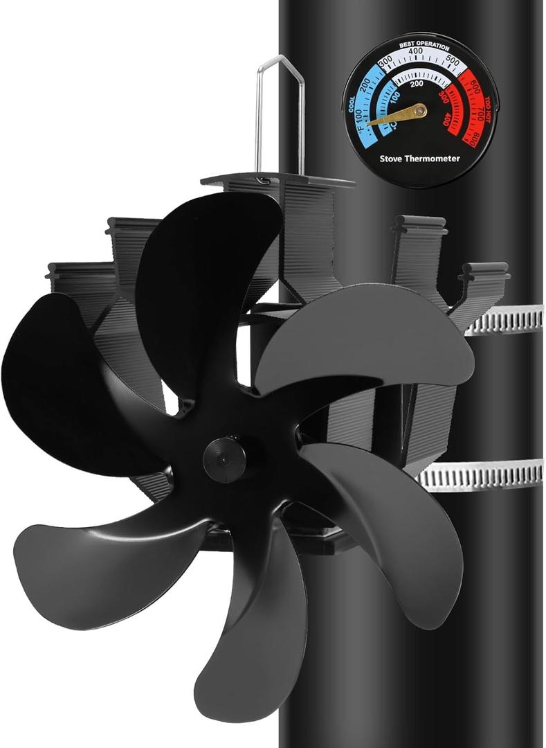Heat Powered Fireplace Fan Wall Mounted, Wood Stove Fan Thermal Fan for Wood/Log Burning Stove Pellet/Gas Burner, Stove Accessories Thermometer (6 Blade)