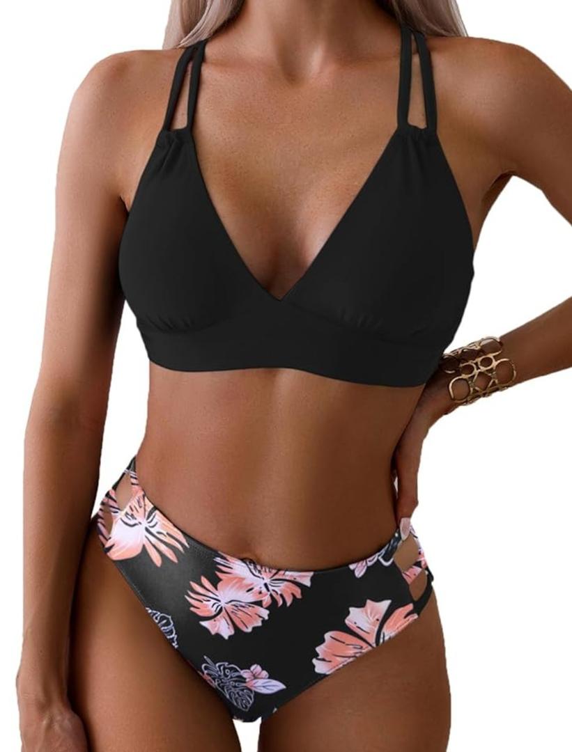 Tainehs Women's Push Up V Neck Bikini Sets Criss Cross Back Two Piece Bathing Suit, M