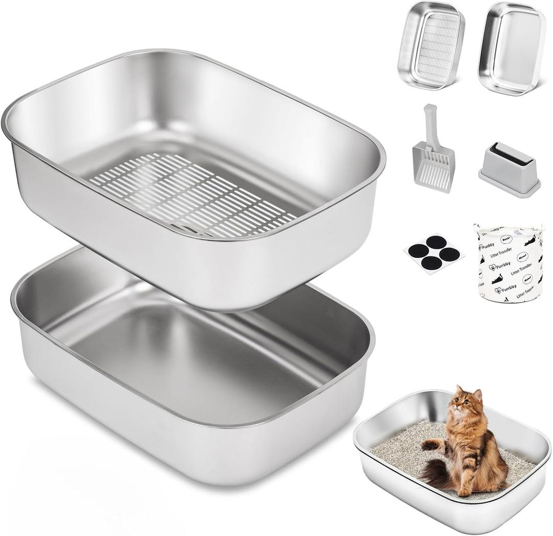 Stainless Steel Sifting Litter Box with Lid, Metal Litter Pan with Scoop for Big Cats Multi Cat, Extra Large Cats Litterbox Odor Control Easy Clean, Size: Small, 22.8 * 16.1 * 6.5 inch - Without Enclosure