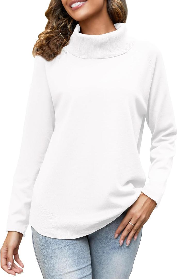 Women's Turtleneck Knit Pullover Long Sleeve Casual Oversized Curved Hemline Sweater Tops (White)