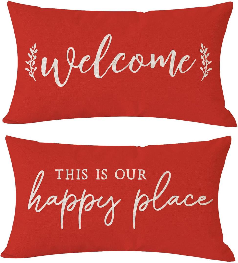 PANDICORN Farmhouse Lumbar Decorative Throw Pillow Covers 12x20 Set of 2 Welcome This is Our Happy Place Red Outdoor Christmas Front Porch Patio Decorations Cushion Cases for Home Couch Bench Decor
