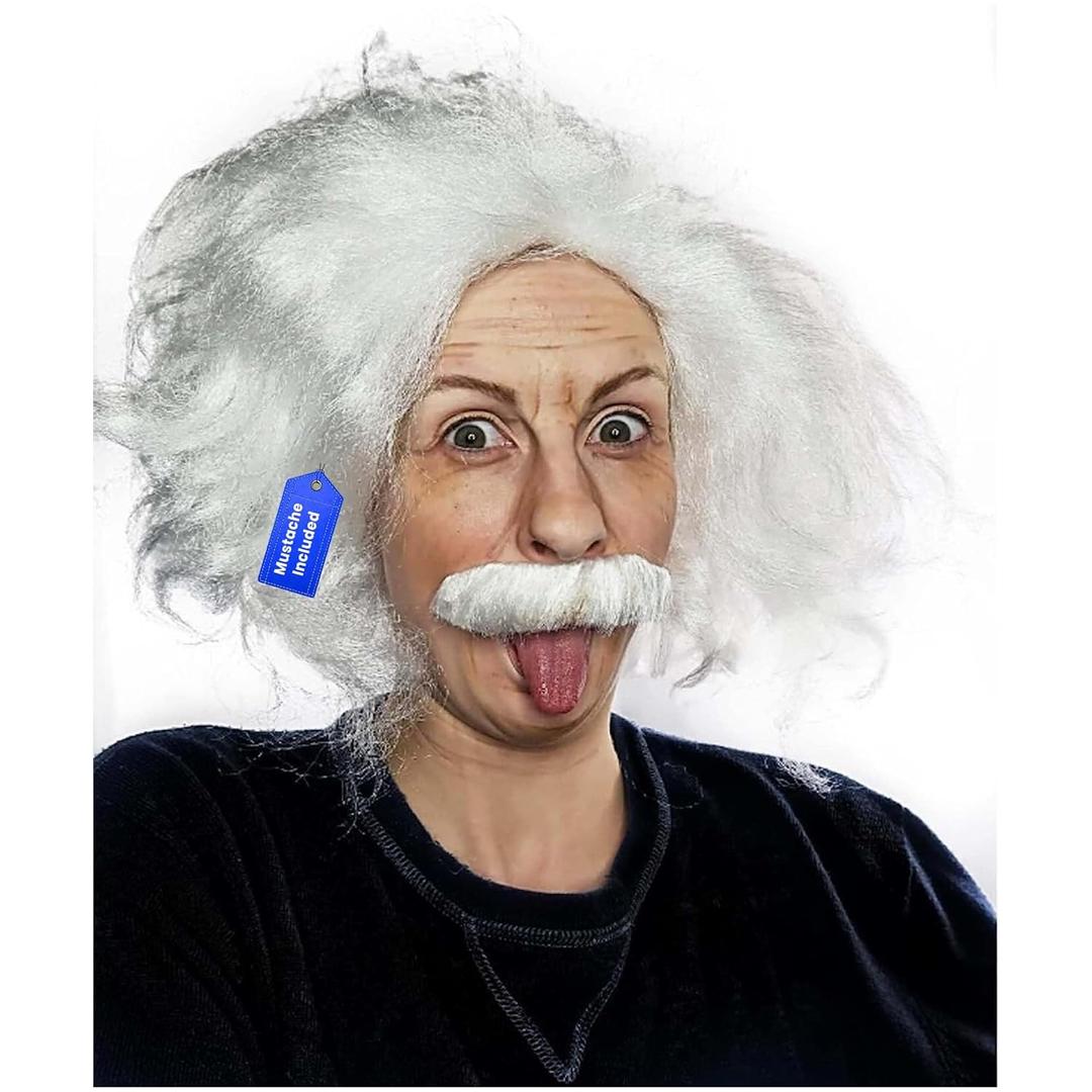 ALLAURA Inspired by Famous Physicist Wig  Old Man White Mad Scientist Wig & Mustache Set  Funny Physicist Costume for Adults, Halloween, Cosplay, Genius Look, Retro Science Outfit Party Accessory
