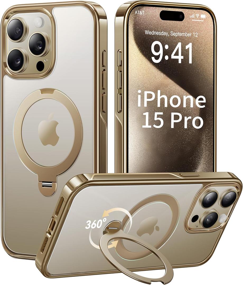 CASEKOO Titanium 360 Rotatable Magnetic Stand for iPhone 15 Pro Case [Compatible with Magsafe][16FT Military Protection] Slim Polished Frame Titanium Alloy Sturdy Stand 6.1'', Antique Gold