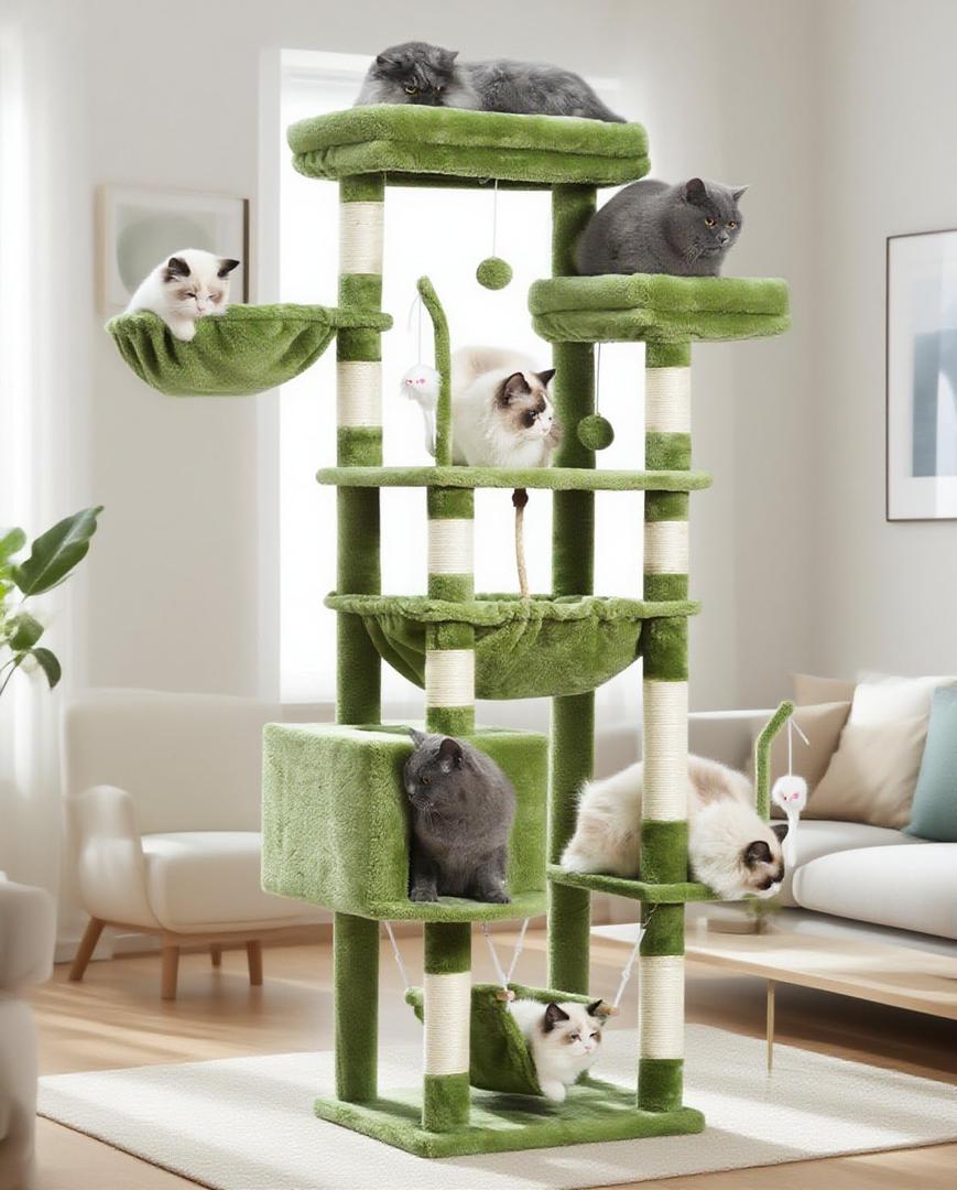 Gitelsnour Cat Tree, Cat Tower for Large Cats with 2 Big Platforms, 2 Baskets, condo and Toys, 63" Cat Scratching Posts for Indoor Cats, Green GCT020GR
