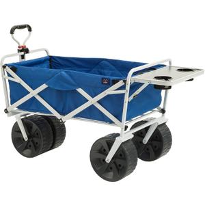 MacSports All Terrain Beach Wagon with Side Table|Heavy Duty Collapsible Folding Cart with Large Wheels for Beach Day, Picnic, Camping, Outdoor Activities | Blue/White