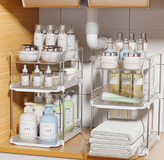 Delamu 2 Sets of 3Tier Bathroom Under Sink Organizers and Storage, MultiPurpose Stackable Pantry Organization and Storage, Pull Out Clear Kitchen Bathroom Cabinet Organizer with Movable Dividers