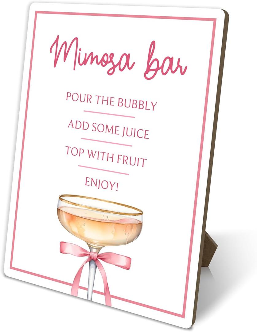 Mimosa Bar Sign, Pink Party Signs, Bar Sign For Wedding Reception Event Party, Bridal Shower Decorations, Wedding Party Decor, 8x11 Inches Tabletop Decor, Wood Sign With Stand, b06
