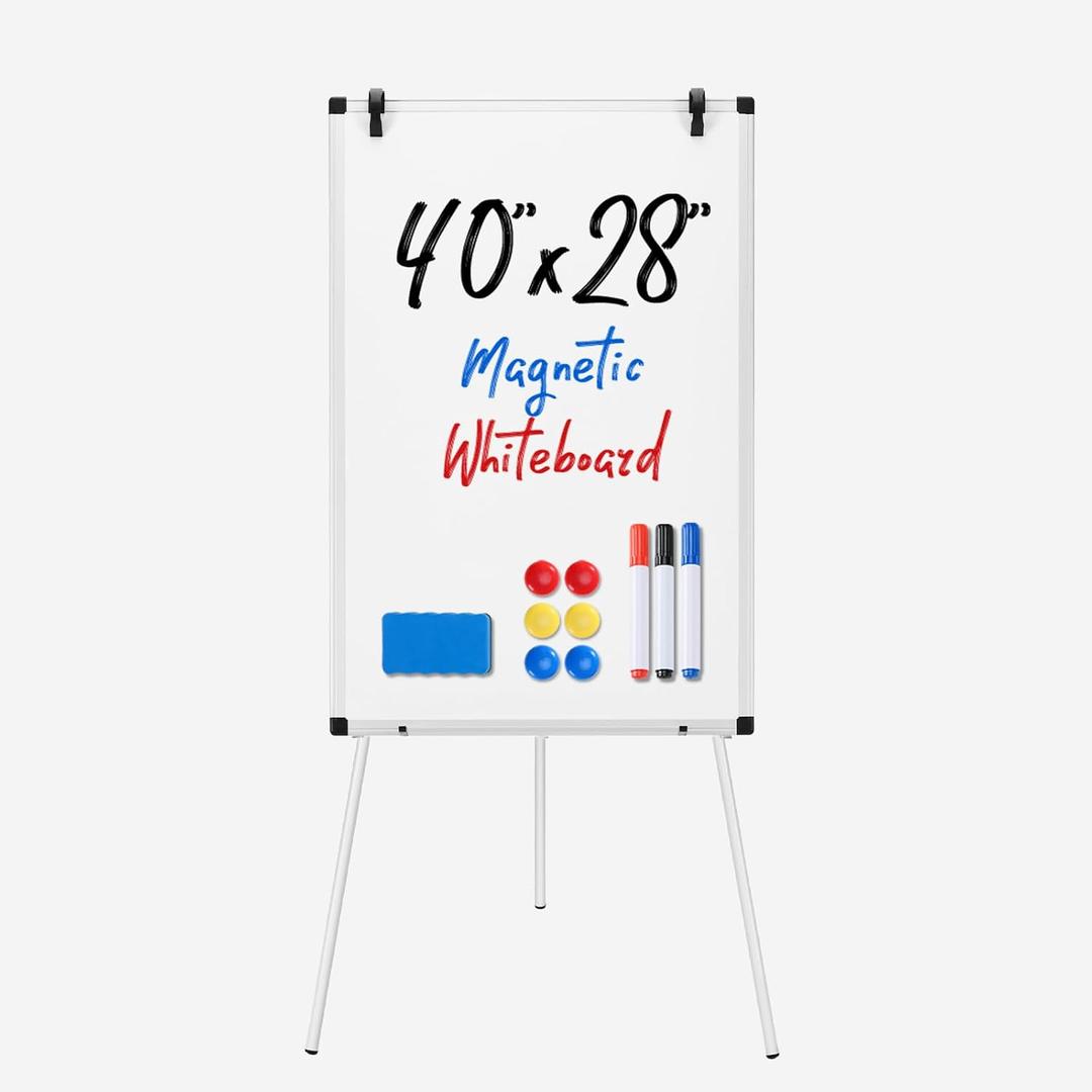 OLIXIS 40" x 28" Magnetic White Board with Stand, Standing Dry Erase Board, Whiteboard with 1 Dry Eraser & 2 Multicolor Markers & 4 Magnetic Pins, Aluminium Frame for Home, School, Office, White