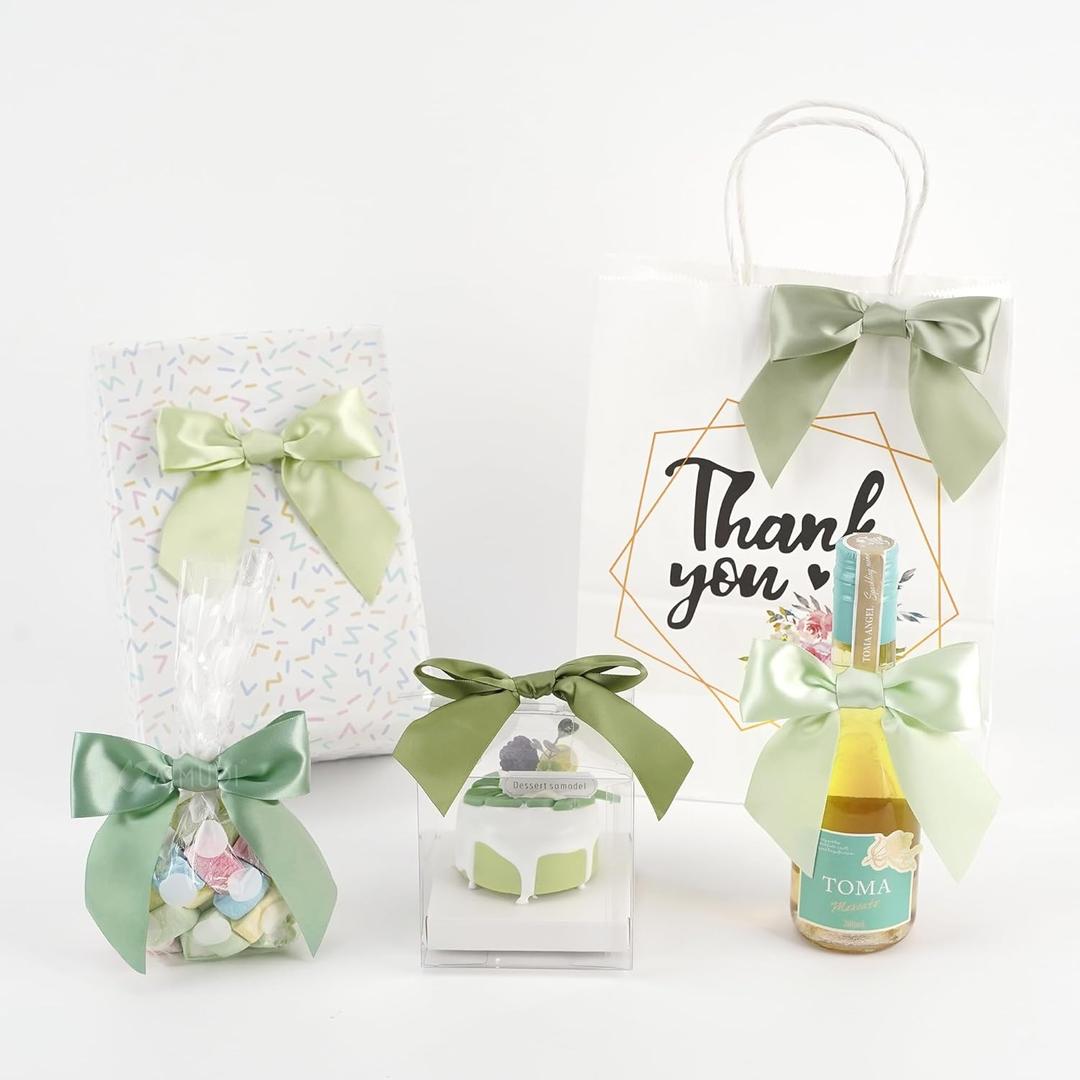 AIMUDI 5 Colors Sage Green Bows 4.5" Satin Bows with Twist Ties Green Bow for Gift Wrapping Crafts Treat Bags Baskets Cake Pop Premade Bow for Wedding Baby Shower Birthday Party Decoration, 50 PCs