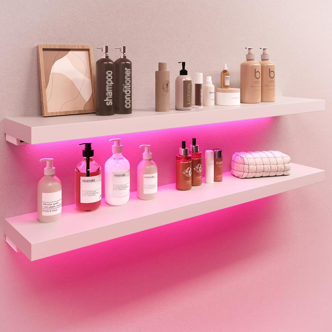 BAMEOS RGB LED Floating Shelves for Wall, 35" Wall Mounted Wooden Shelves with Invisible Brackets, Set of 2, Hanging Wall Shelves for Bedroom, Living Room, Kitchen, Study (White) (35 x 7)