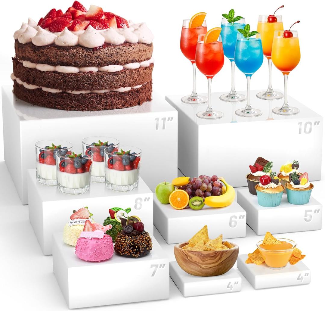 8 Pcs Buffet Food Risers,11*11" Large Acrylic Dessert Cupcake Table Stands White Fruit Display Shelf Catering Supplies Party Jewelry Show Decor Risers Cube Box Nesting with Hollow Bottoms 7 Sizes
