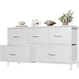 OLIXIS Dresser for Bedroom with 5 Drawers, Wide Chest of Drawers, Fabric Bedroom Dresser with Drawer Organizers, Storage Organizer Unit with Fabric Bins for Closet, Living Room, Hallway,White