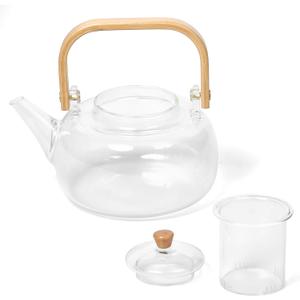 WHOLE HOUSEWARES Glass Teapot with Infuser - Borosilicate Glass Tea Kettle with Bamboo Lid - Clear Tea Pot - Dishwasher & Stovetop Friendly - Microwave Safe - Tea Lovers Gift Cups