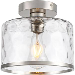 Zlepmlla Modern Semi Flush Mount Ceiling Light with Industrial Clear Hammered Glass Lampshade, Farmhouse Ceiling Lights fixtures in Satin Nickel for Hallway Kitchen Bathroom Bedroom