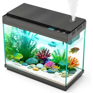 Smart Aquarium Fish Tank with Silent Water Pump, 2.4 Gallon Small Aquarium with Quick Start Kit, Temperature Display, Humidifier and RGB Lights, Perfect for Home, Office, and Decor, Black