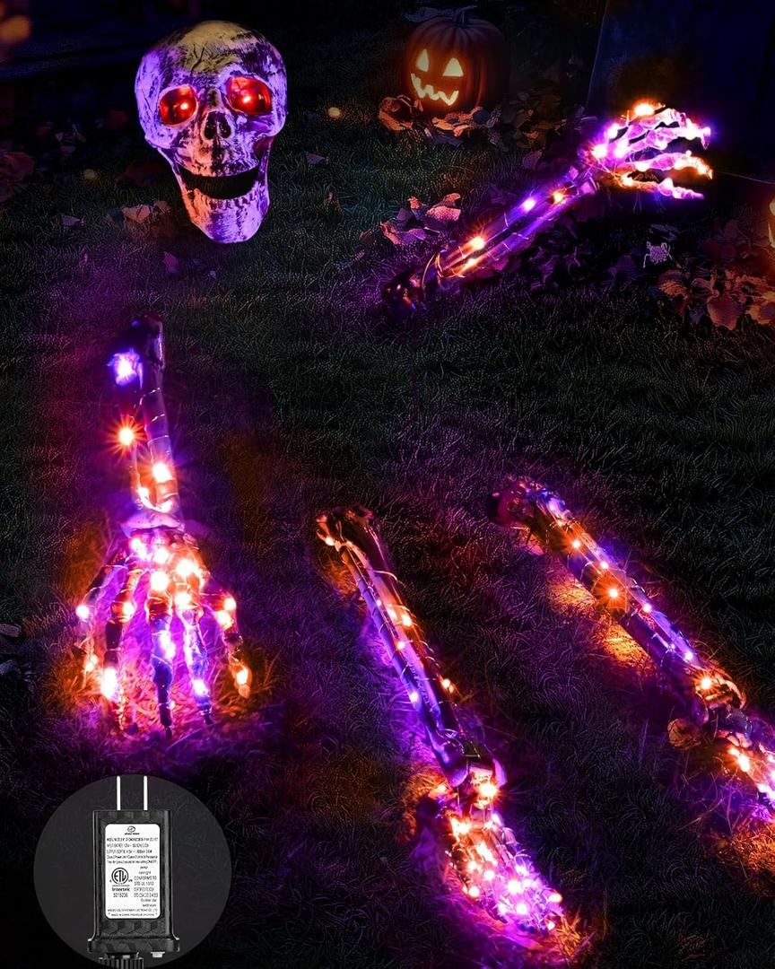 Halloween Decorations Outdoor Skeleton, Realistic Skull 5 Piece Set with 128 LED Lights Graveyard Bone, Glowing Stakes with Limbs for Yard Lawn Garden Party Decor (Orange & Purple)