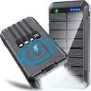 Solar Power Bank 33800mAh 4 Cables 22.5W Fast Charge Power Bank 7 Outputs & 4 Inputs Solar Portable Charger, Compass/SOS/Strobe/Strong Flashlights (Balck)